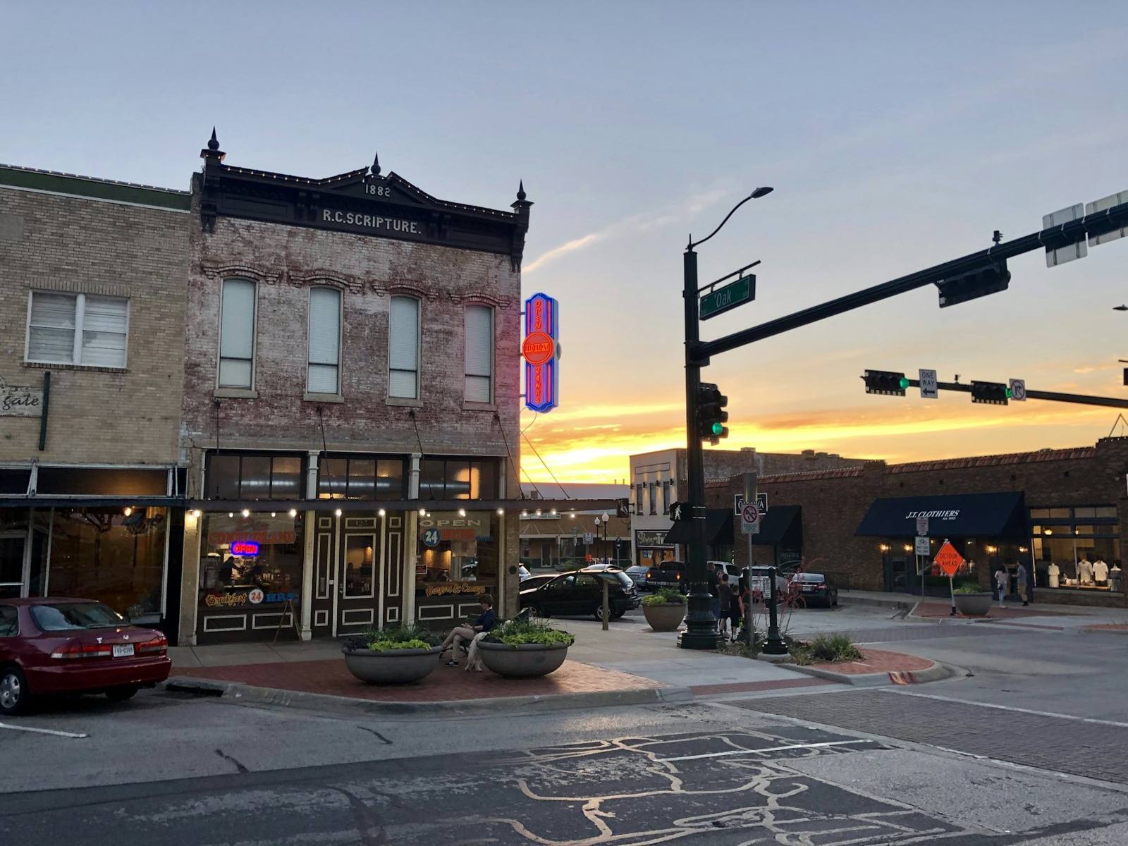 A Texas town square at sunset